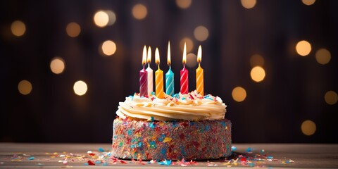 Festive birthday cake with colorful sprinkles and colorful birthday candle