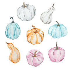 Set of watercolor pastel autumn pumpkins