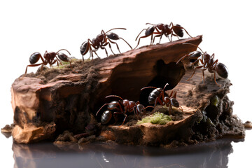 An active ant colony in action, with ants busily moving, constructing tunnels, and carrying food against a transparent background, active ant colony isolated on white background