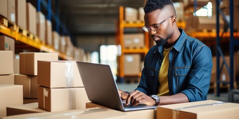 Inventory manager using smart phone scans the barcode on the parcel, prepares a small cardboard box for mailing.