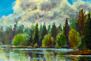 Original acrylic handpainted fine art illustration river in forest with large clouds painting nature artwork landscape