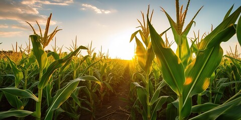 Corn cobs in corn plantation field. - Powered by Adobe
