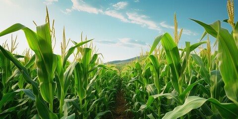 Corn cobs in corn plantation field. - obrazy, fototapety, plakaty