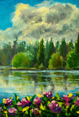 Acrylic Painting of Purple Flowers against the Background of a Lake in the Forest, a Natural Landscape Handmade Illustration on Canvas