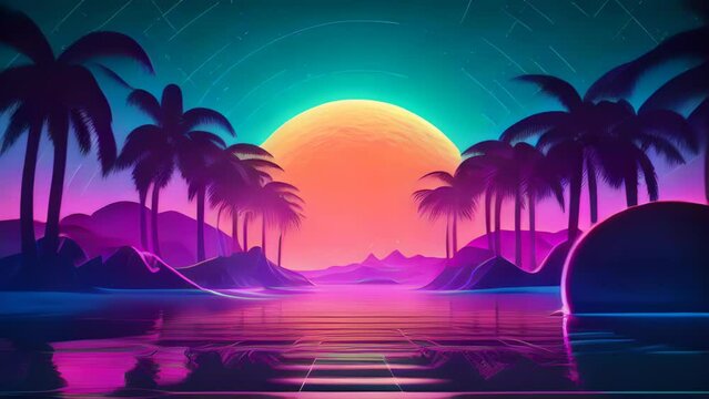 A vibrant sunset painting with palm trees