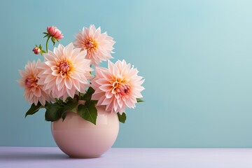 dahlia flowers in a clay pot, minimalism, pastel background, reality, stock photography - Powered by Adobe