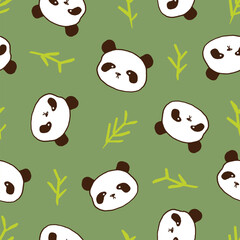 Seamless Pattern with Cartoon Panda Face and Leaf Design on Green Background