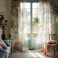 light floral curtains on a french window