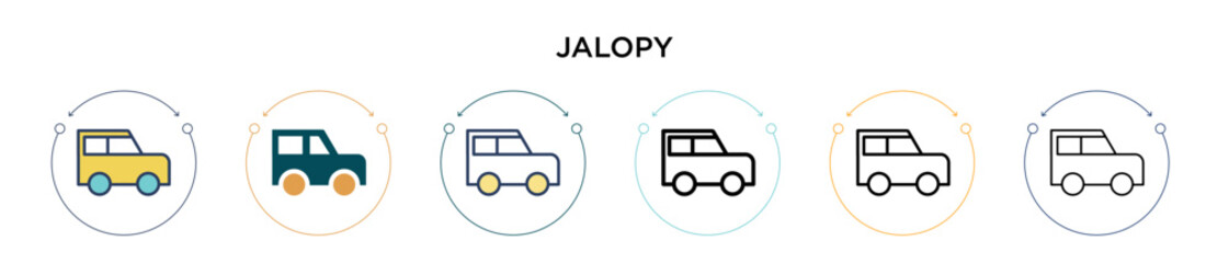 Jalopy icon in filled, thin line, outline and stroke style. Vector illustration of two colored and black jalopy vector icons designs can be used for mobile, ui, web