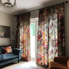 interior of a bedroom with floral curtains