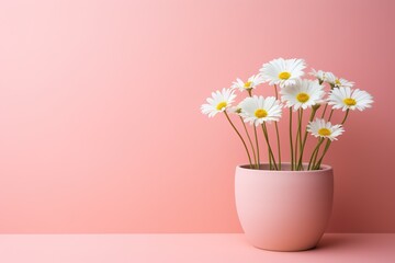 White Daisy flowers in a clay pot, minimalism, pastel background, reality, stock photography, high quality