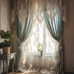 window with vintage blue and white curtains and flowers