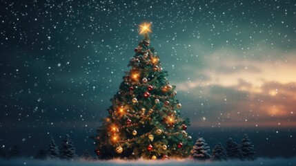 decorated Christmas tree with blurred snowy night background.