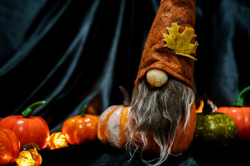 Halloween decorations background. Halloween Scary pumpkin head on wooden table Halloween holiday concept