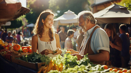 A young woman buys fruit and vegetables from a shopkeeper at a summer market. Generative ai - obrazy, fototapety, plakaty