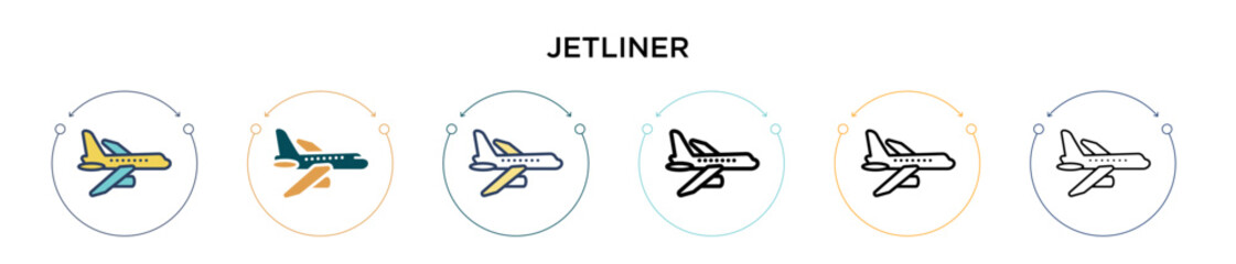 Jetliner icon in filled, thin line, outline and stroke style. Vector illustration of two colored and black jetliner vector icons designs can be used for mobile, ui, web