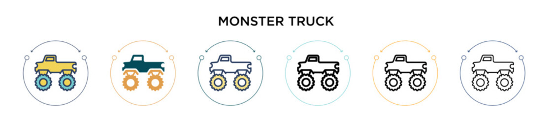 Monster truck icon in filled, thin line, outline and stroke style. Vector illustration of two colored and black monster truck vector icons designs can be used for mobile, ui, web © Digital Bazaar