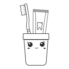 Toothbrush and paste in a glass of kawaii, black outline vector illustration for children in doodle style