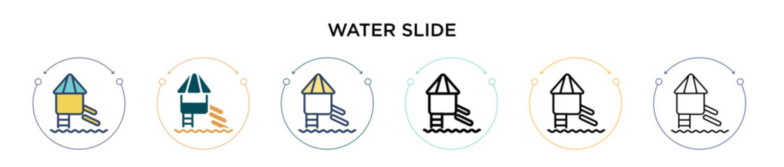 Fototapeta premium Water slide icon in filled, thin line, outline and stroke style. Vector illustration of two colored and black water slide vector icons designs can be used for mobile, ui, web