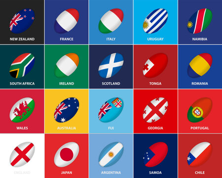 20 Flags in the Style of a Rugby Ball. Flag of International Rugby Competition 2023 Participants.
