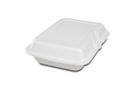 One white box made of foam plastic for food on transparenr background. 