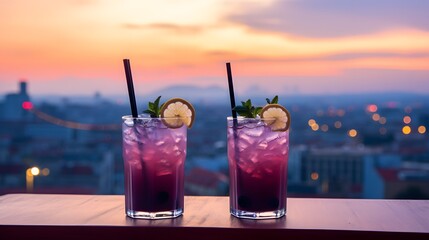 Two blue and purple coctails, city in the background at night, clubbing concept