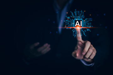 AI (Artificial intelligence), Chatbot growing concept. Businessman hand touch virtual screenanalytics information trends technology. Business link digital marketing. Big data and Financial banking