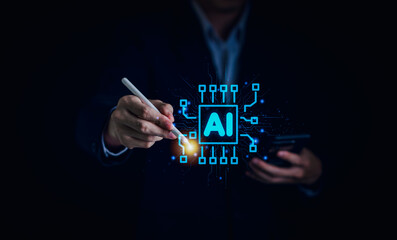 Naklejka premium AI (Artificial intelligence), Chatbot growing concept. Businessman hand use smartphone with analytics information trends technology. Business link digital marketing. Big data and Financial banking