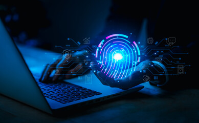 Biometric identification fingerprint scanner. Man hold security scanning of digital programs. Surveillance of Personal databases with Futuristic digital processing.