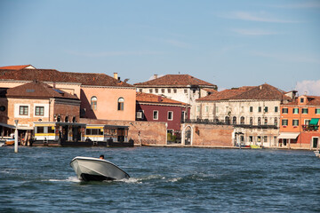 Channels and buildings around in Murano, Venice, Italy. Murano if world famous known for Murano glass production, very characteristic art developed in this part of Venice