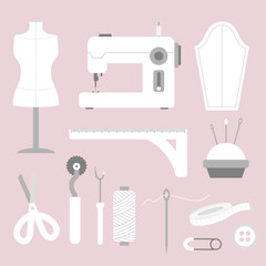 Set of sewing tools equipment vector flat illustration