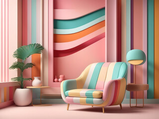 Abstract minimal concept. Pastel multi-color vibrant groovy retro striped background wall frame with bright armchair decor. Generative AI
