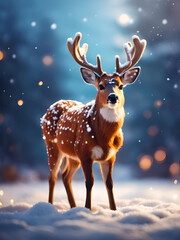 Adorable deer on a bokeh background with snow. Christmas background concept, Generative AI