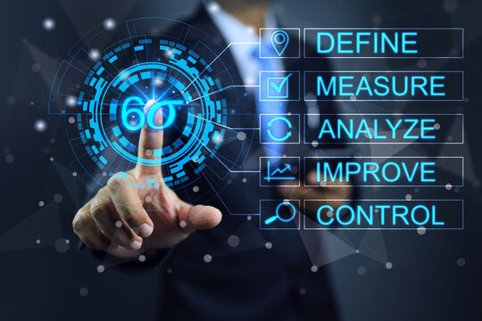 6 sigma concept define measure analyze improve control DMAIC Industrial innovation technology quality control business Business man pointing 6sigma to control products quality on production process