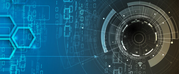 Technology banner design with hexagons abstract background.