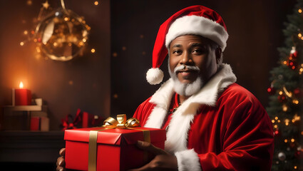 Fototapeta na wymiar African American Santa Claus with gift box, close portrait with Rembrandt lighting, Generative AI