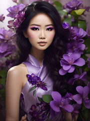 Asian woman with makeup and violet flowers, Generative AI