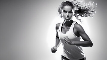 Athletic woman beautiful young sporty girl athlete in motion black and white photo, Empty copy space, Generative AI