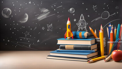  Back To School - Books And Pencils With Rocket Sketch, Generative AI