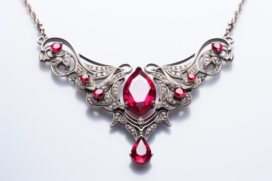 silver necklace with red ruby gems on plain background (Generative AI)