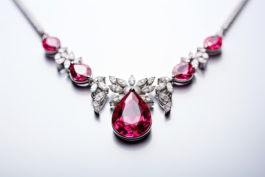 silver necklace with red ruby gems on plain background (Generative AI)