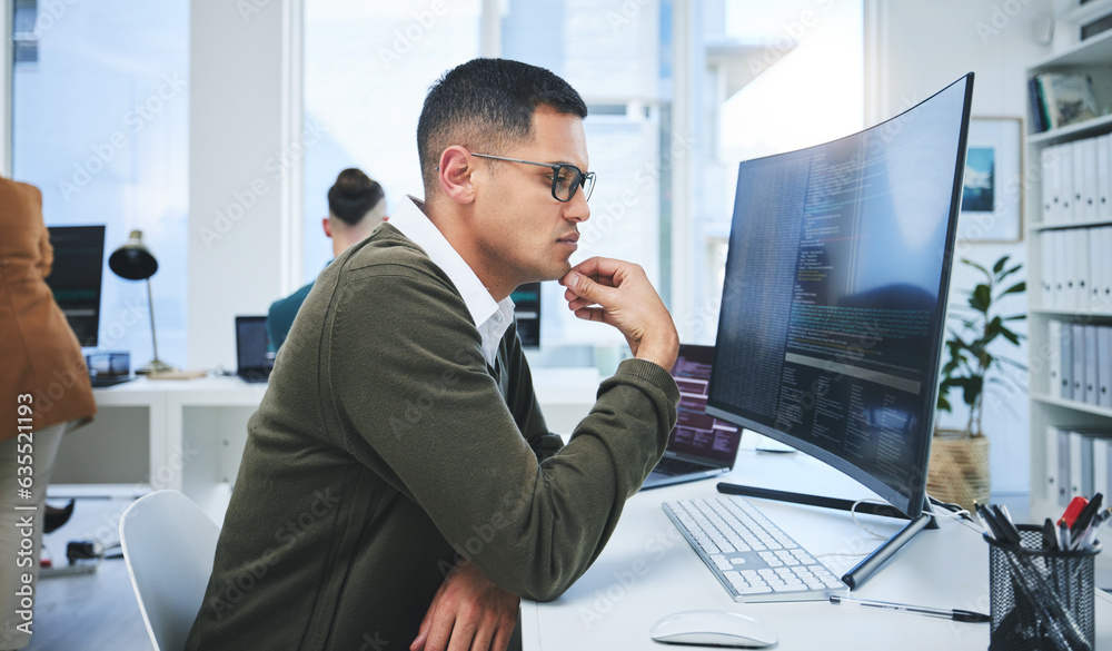 Poster Programmer man, software development and thinking at computer for coding, software script or cyber security. Technician person with technology for programming, future and data analytics or innovation