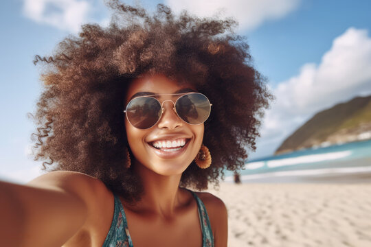 Closeup of an African American woman taking a selfie while on holidays. Generative AI.