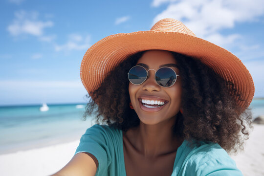 Closeup of an African American woman taking a selfie while on holidays. Generative AI.