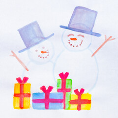 2 snowmen and gifts (Christmas illustrations, watercolor paints)
