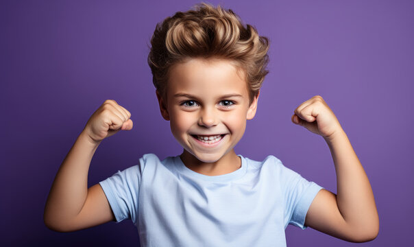 A Leader of the Pack: A confident and powerful kid, isolated over a purple background, leads his team to victory in a competition.