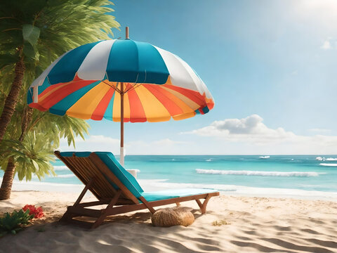 Beach with umbrella summer and vacation concept, Generative AI