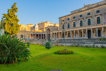 Beautiful summer view of Old Royal Palace St. Michael and St. George in Corfu town, Greece