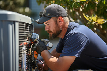 Technician working on air conditioning outdoor unit on hot sunny day. HVAC worker professional occupation. - obrazy, fototapety, plakaty