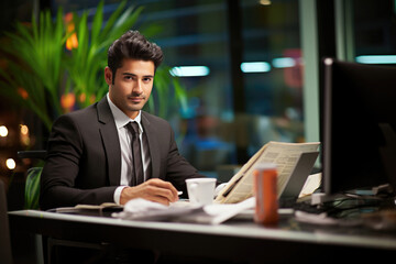 Fototapeta na wymiar Indian handsome businessman working in the corporate office